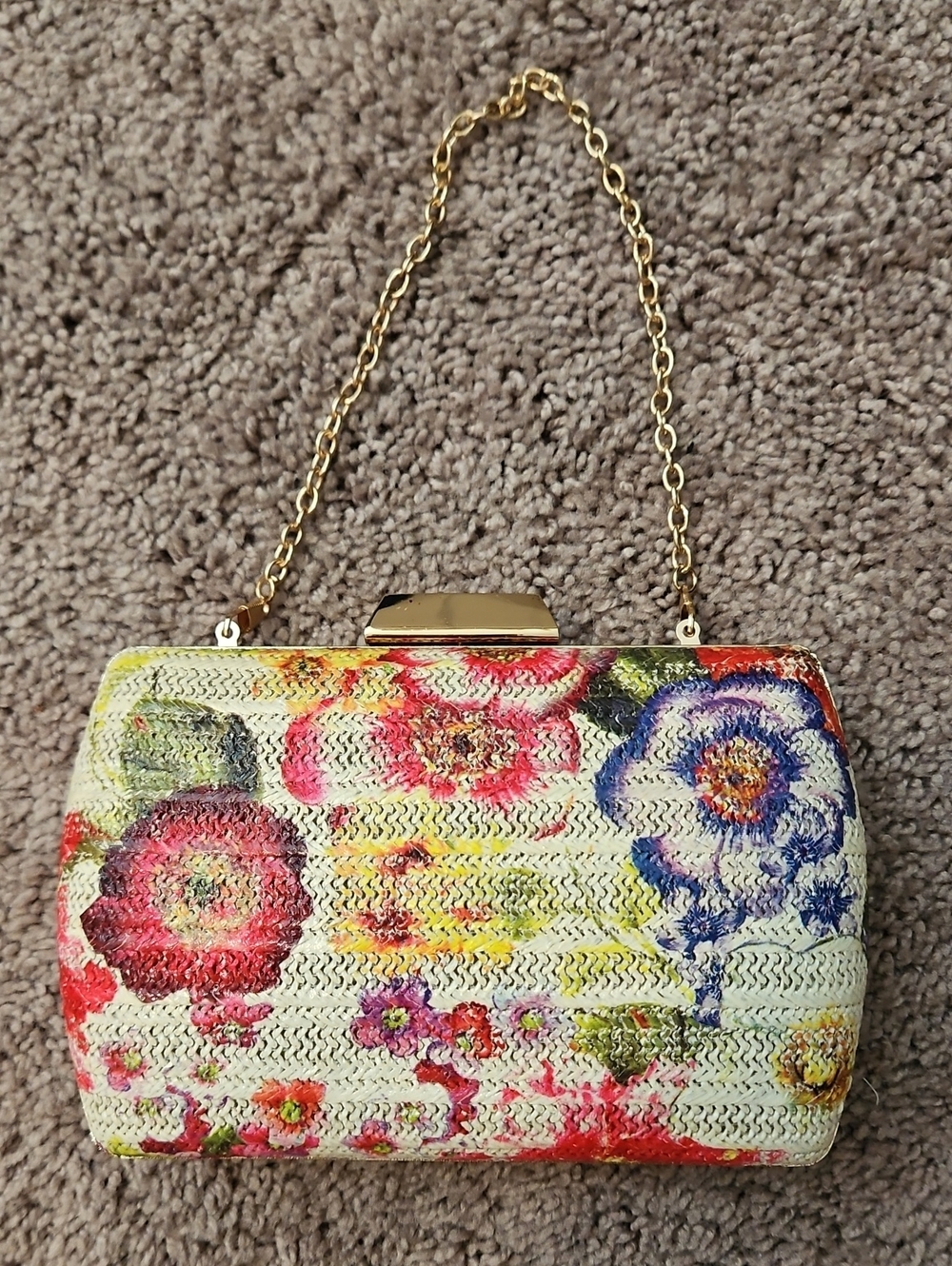 Floral Multicolor Woven Evening Clutch with Optional Gold Chain